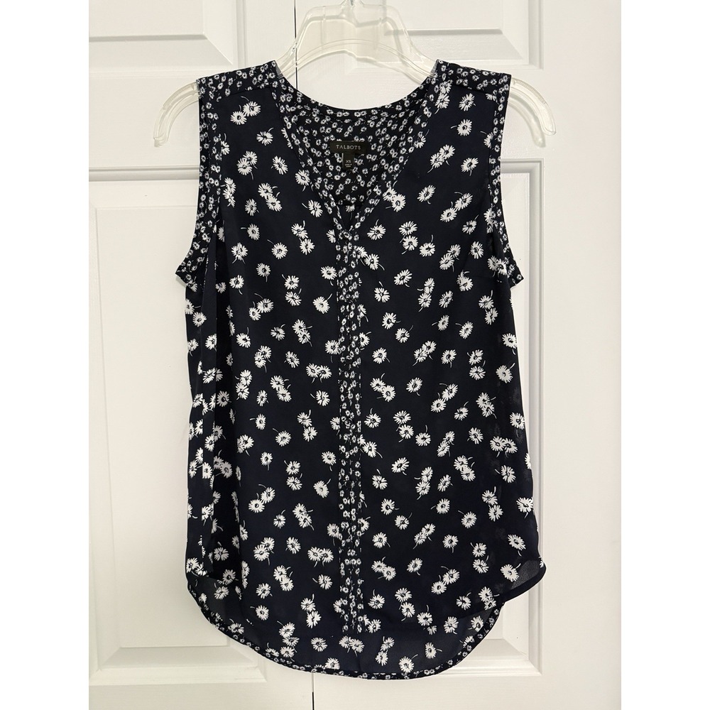 Talbots Womens XS Blouse V Neck Floral Sleeveless Navy Blue White